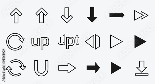 A collection of various arrow icons and symbols, including outline and filled up, down, right, refresh, and play/pause arrows, along with text-based "up" and "U" elements.