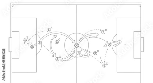 Detailed football tactical diagram showing player positions, passes, and offensive plays on a soccer field.