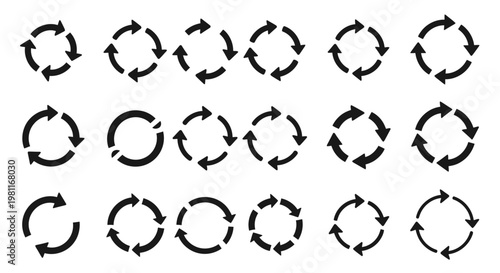 A collection of black circular arrow icons representing refresh, reload, cycle, repeat, and continuous process concepts on a white background.
