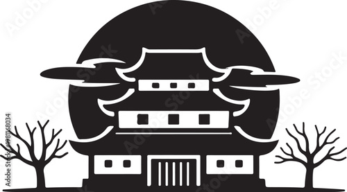 Minimal black silhouette traditional Japanese castle featuring layered roofs representing historic architecture cultural landmark and ancient fortress design