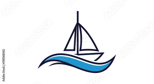 A simple line art illustration of a sailboat with a dark blue hull and mast, sailing on stylized blue waves, representing maritime travel and leisure.