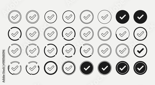 Collection of various checkmark icons in circles, showing different styles and states like outline, solid, and progress indicators.