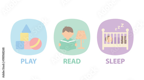 Baby icons for play read sleep.