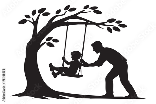 Silhouette of a father and child on a swing under a tree