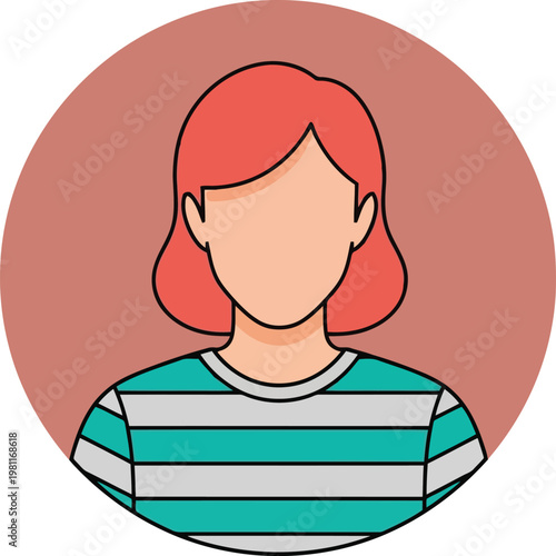 Flat design avatar of a young woman with red hair wearing a teal and gray striped shirt.