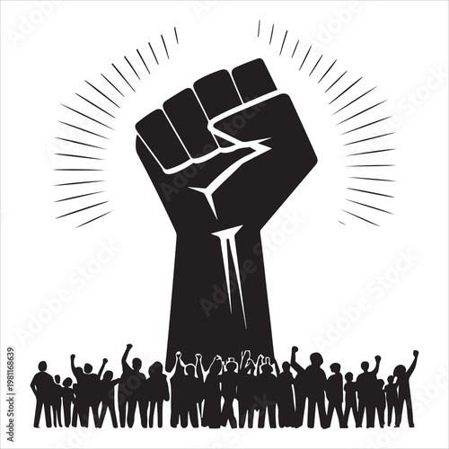 Silhouette vector illustration of a crowd gathered with clenched fists on the occasion of Labor Day