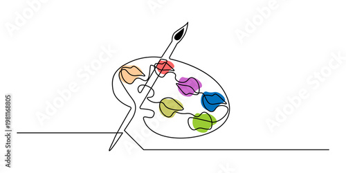 Continuous line art of artist palette with colorful paint blobs and brush creative concept vector illustration