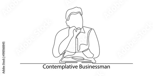 Single line drawing of contemplative businessman sitting at desk thinking deeply flat design vector illustration