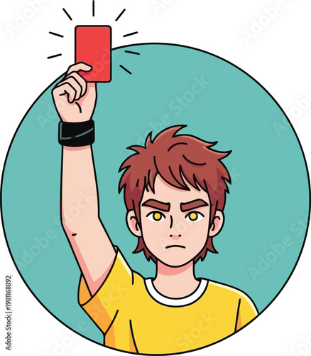 Illustration of a young referee holding up a red card in a round frame background
