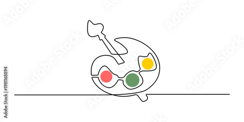 Continuous line art artist palette with colorful paint circles minimalist vector illustration