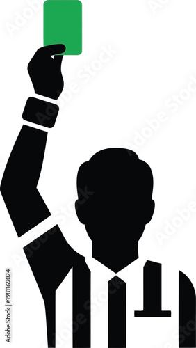 A silhouette of a sports referee holding up a green card in his hand against a white background.