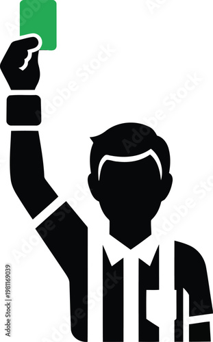 Icon of a referee in a striped shirt holding up a green card for fair play.