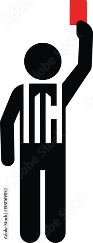 Black referee stick figure icon holding up a red card to signal a foul or penalty during a match.