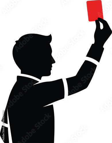 Silhouette of a male referee holding up a red card against a plain white background.