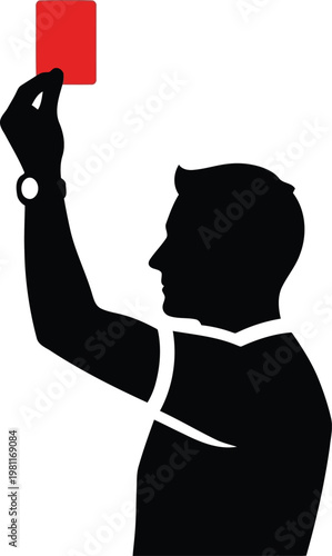 Silhouette of a referee holding up a red card against a white background for sports penalty.