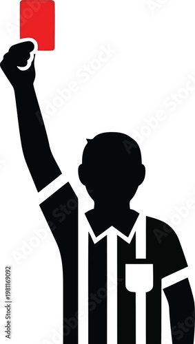 Silhouette of a sports referee holding up a red card for a foul or penalty