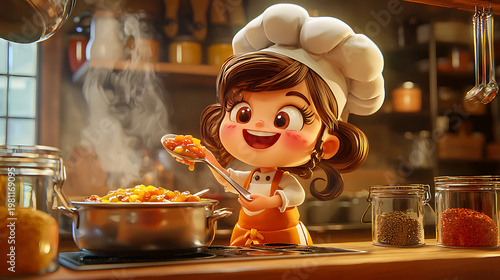 A young girl chef cooking pasta in a kitchen with steam rising
