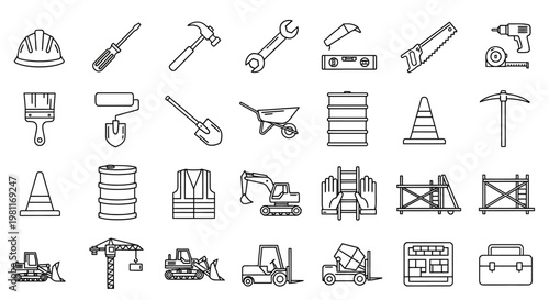 Construction tools and equipment icons.