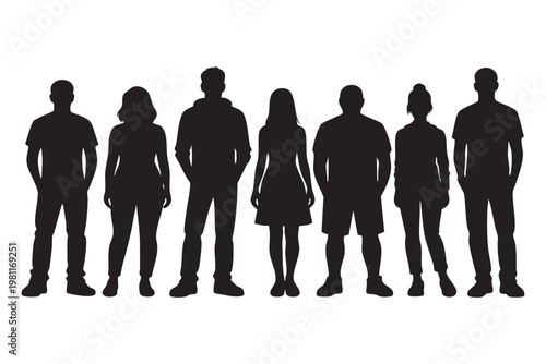 Group silhouette of seven people standing together black and white