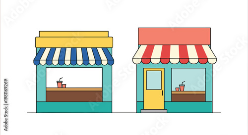 Small shop storefront collection with striped awnings and drink counters isolated on white background for retail and cafe illustration