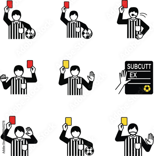 Collection of soccer referee icons showing red and yellow penalty cards and substitution board