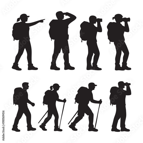 Silhouettes of hikers and backpackers in various poses