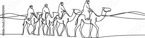 Arab men riding camels in desert. one line drawing vector illustration