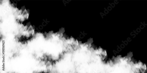 Fluffy white clouds isolated on black background. Design concept. Smog. Abstract clouds. Fog over the sky. Cloud or smog background.