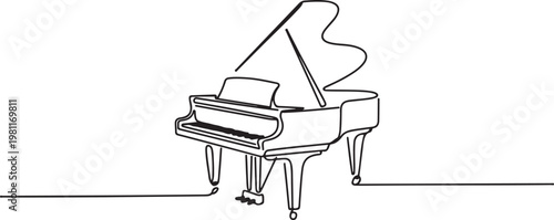 Grand piano one line art. Continuous line drawing of classical, musician, acoustic, piano, chord, antique, music, keyboard, concert. one line drawing vector illustration