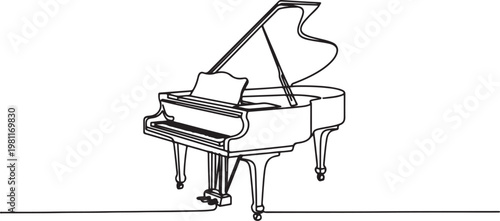 Grand piano one line art. Continuous line drawing of classical, musician, acoustic, piano, chord, antique, music, keyboard, concert. one line drawing vector illustration