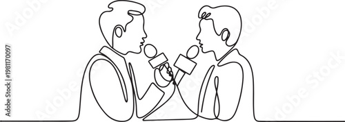 Continuous line drawing live news template with microphone interviewers icon vector illustration concept. one line drawing vector illustration
