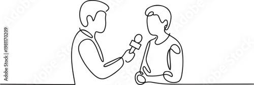 Continuous line drawing live news template with microphone interviewers icon vector illustration concept. one line drawing vector illustration