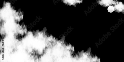 Fluffy white clouds isolated on black background. Design concept. Smog. Abstract clouds. Fog over the sky. Cloud or smog background.