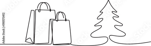 Shopping bags and Christmas tree in one continuous line drawing. Black Friday sale with paper package in simple. one line drawing vector illustration