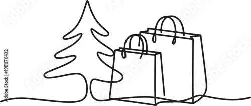 Shopping bags and Christmas tree in one continuous line drawing. Black Friday sale with paper package in simple. one line drawing vector illustration