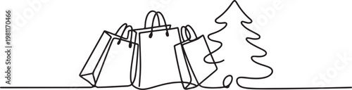 Shopping bags and Christmas tree in one continuous line drawing. Black Friday sale with paper package in simple. one line drawing vector illustration