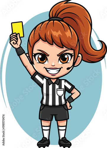 Cartoon female referee in a striped uniform holding up a yellow card with a smile