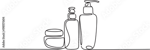 Continuous one line drawing of cosmetics bottle packaging set. one line drawing vector illustration