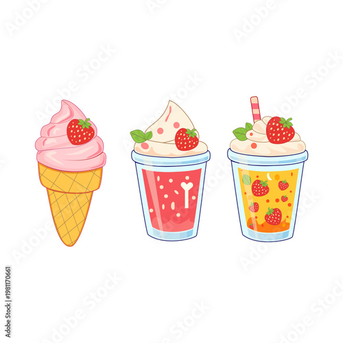 Cute cartoon set of strawberry soft serve ice cream in waffle cone and fruit smoothies with whipped cream on white background.