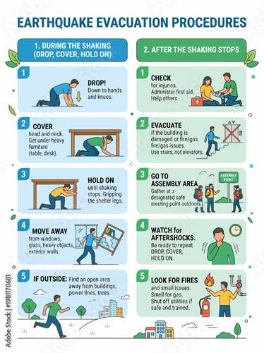 Earthquake Evacuation Procedures, Safety Guide Infographic