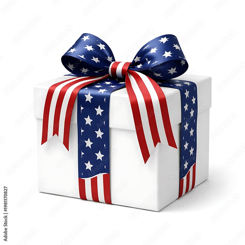 Fototapeta premium A white gift box adorned with a patriotic ribbon and bow on a plain background