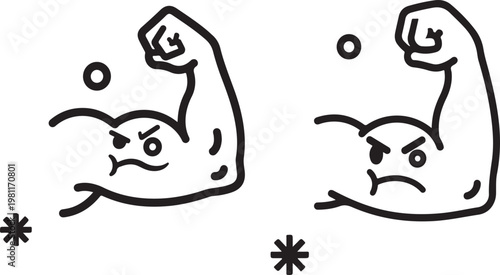  A cartoon illustration of an angry flexed arm with a face and a star, symbolizing strength and frustration in a playful manner on white background
