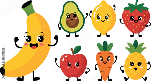Cute fruit characters set, banana avocado lemon strawberry apple carrot pineapple cartoon vector illustration