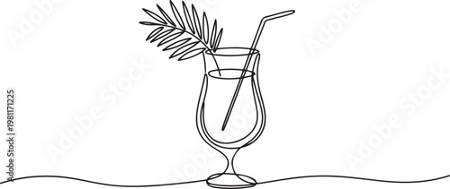 cocktail drink with straw and palm vector line art monoline one line drawing vector illustration