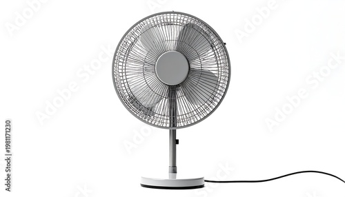 Silver electric fan with a round base and visible cord on a stark white background