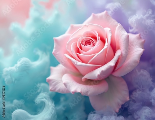 Soft pink rose bloom opens among swirling pastel smoke. Light airy background with aqua and violet hues creates dreamlike floral art. Elegant beauty, nature tenderness.