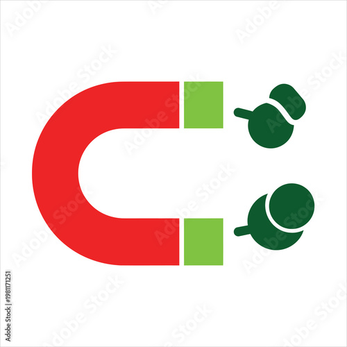 Magnet attracts small green circular objects in a conceptual graphic showing force and magnetic attraction.