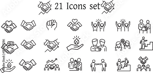 A set of black line icons depicting various gestures and interactions of people in different scenarios on white background