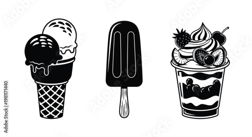A black and white illustration of desserts