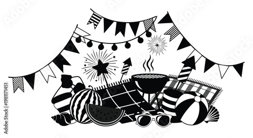 A black and white illustration of party supplies